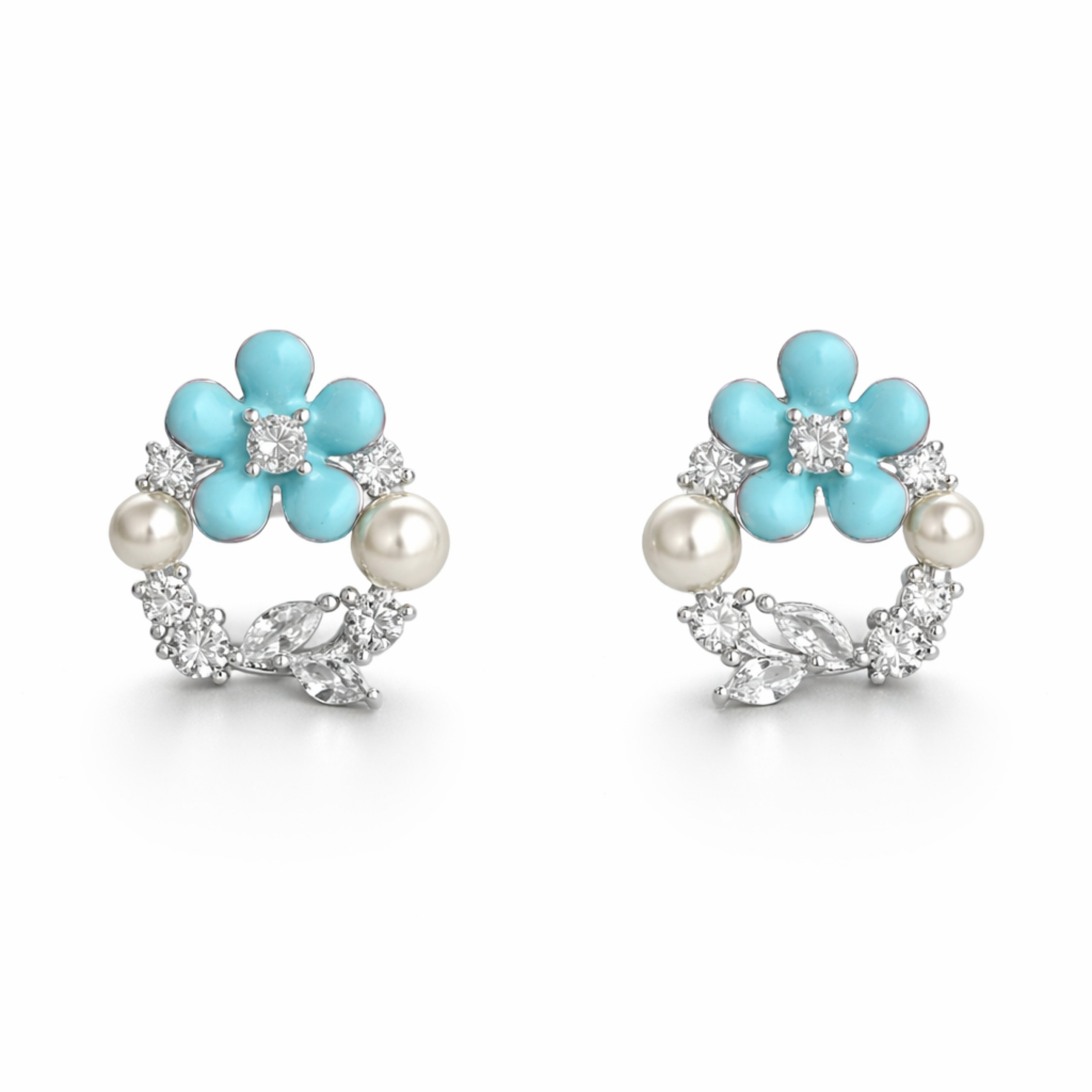 925 Sterling Silver Aqua Floral Pearl Wreath Stud Earrings
