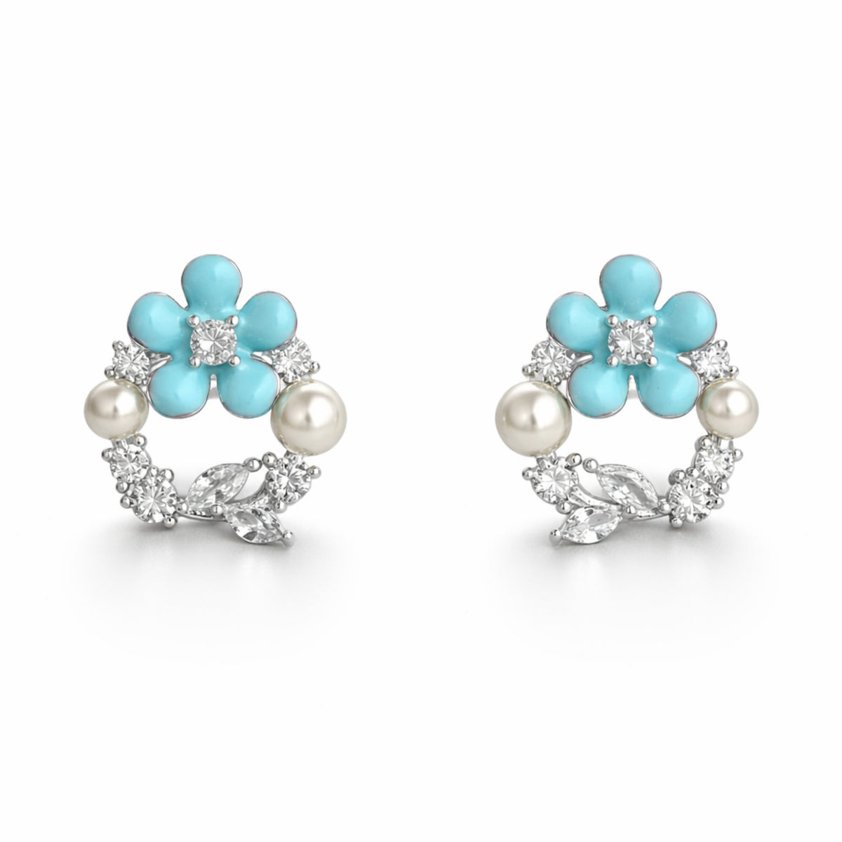 925 Sterling Silver Aqua Floral Pearl Wreath Stud Earrings