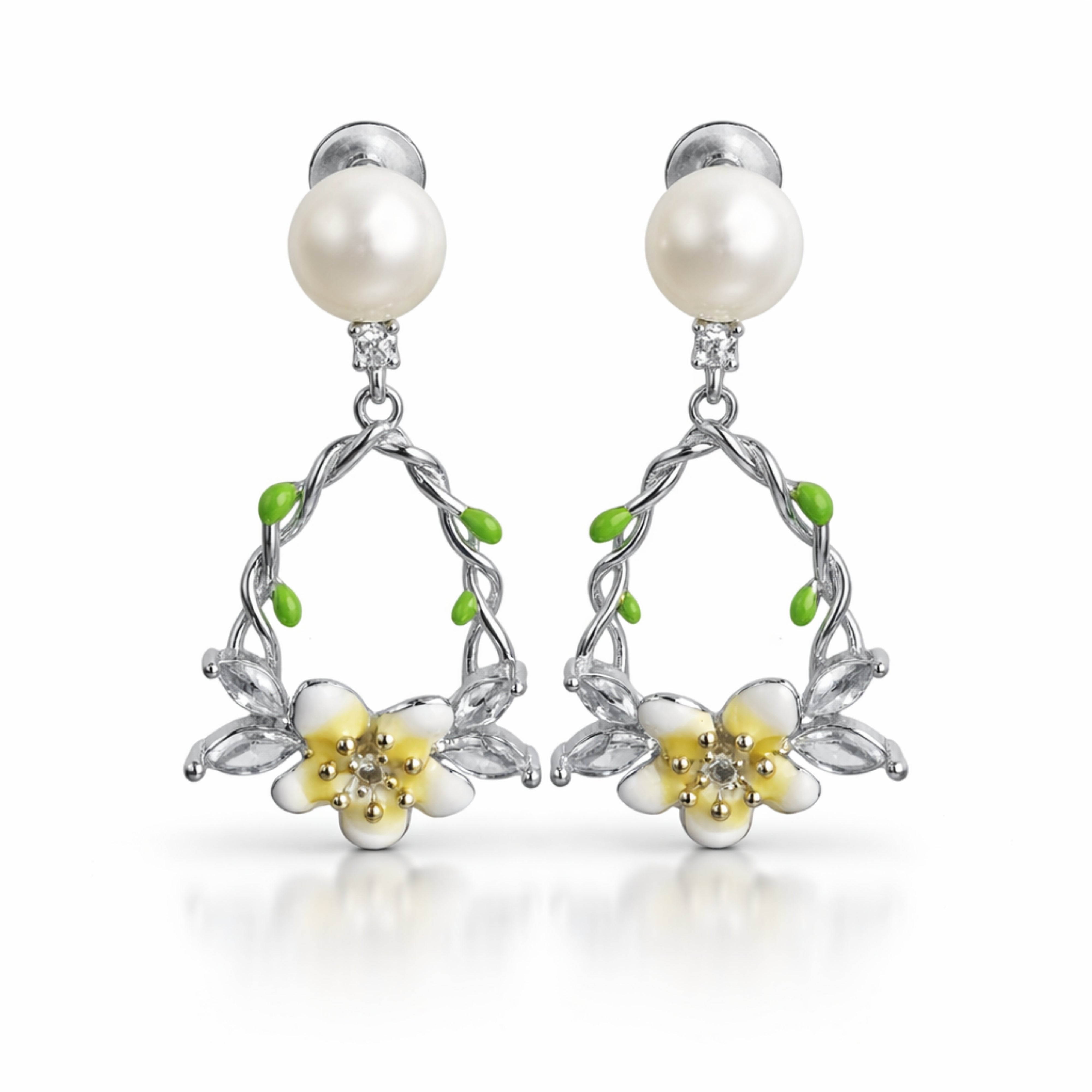 925 Sterling Silver Pearl Floral Vine Drop Earrings