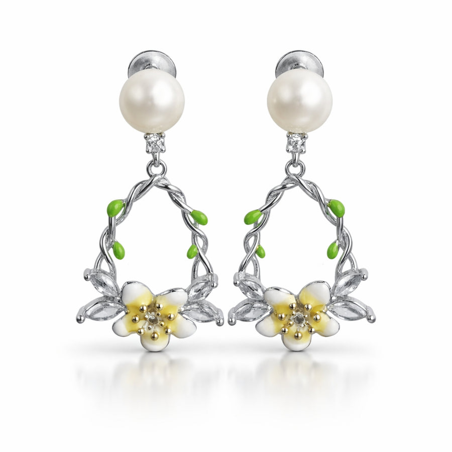 925 Sterling Silver Pearl Floral Vine Drop Earrings