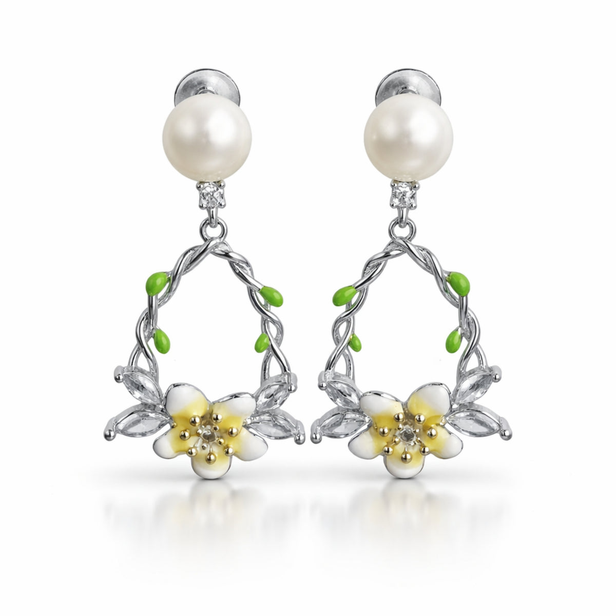 925 Sterling Silver Pearl Floral Vine Drop Earrings