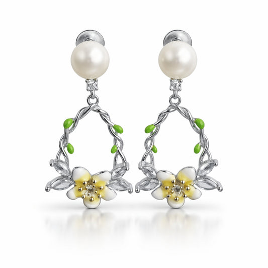 925 Sterling Silver Pearl Floral Vine Drop Earrings