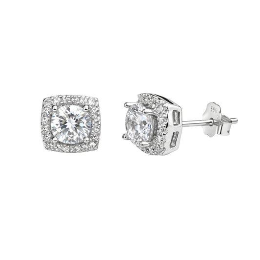 925 Silver Square Halo Stud Earrings