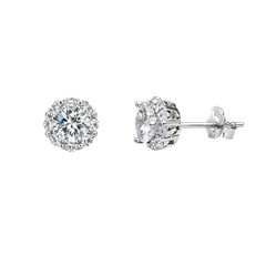 925 Sterling Silver Round Halo Stud Earrings with Brilliant-Cut Center Stone