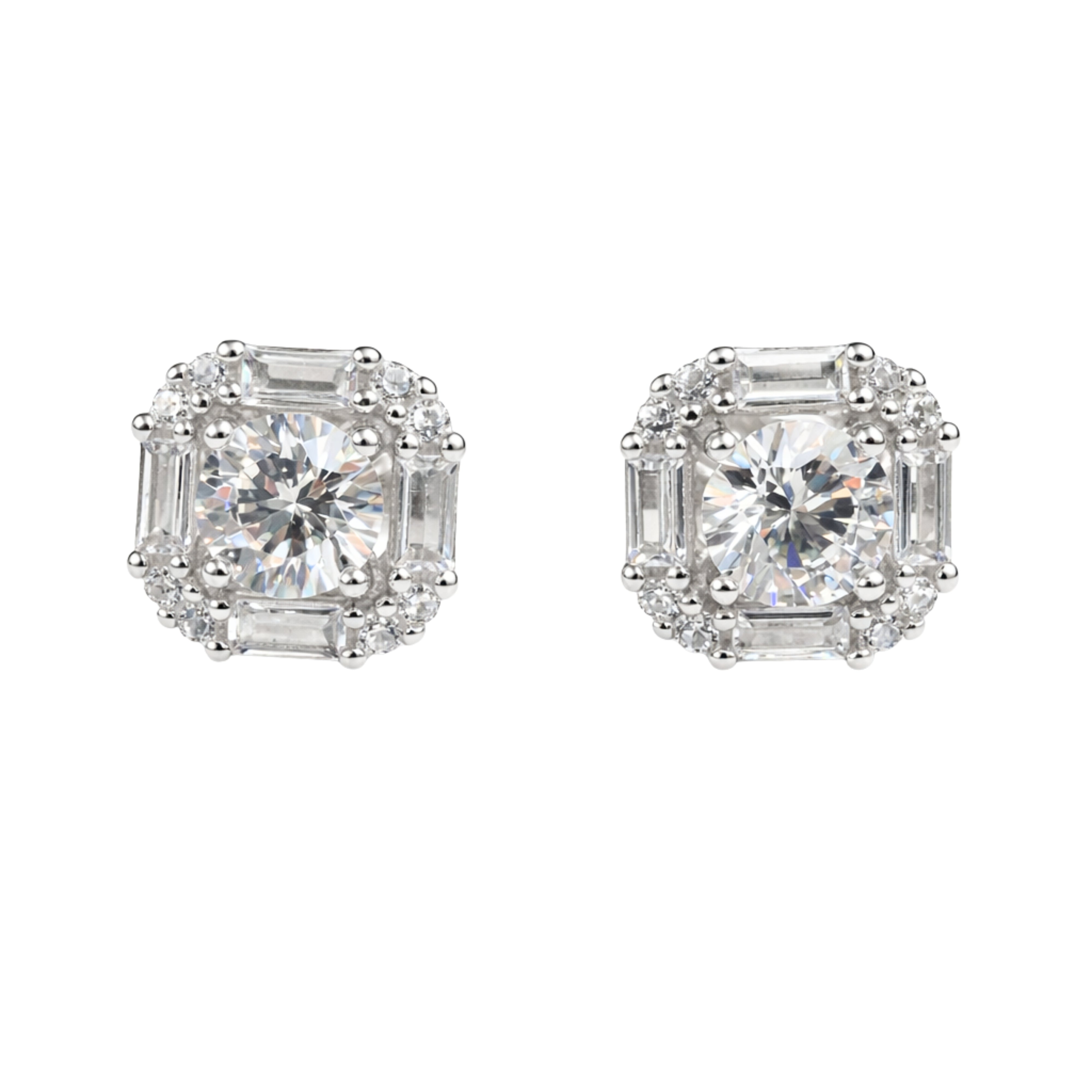 925 Sterling Silver Cushion-Cut Halo Stud Earrings with Baguette Accents