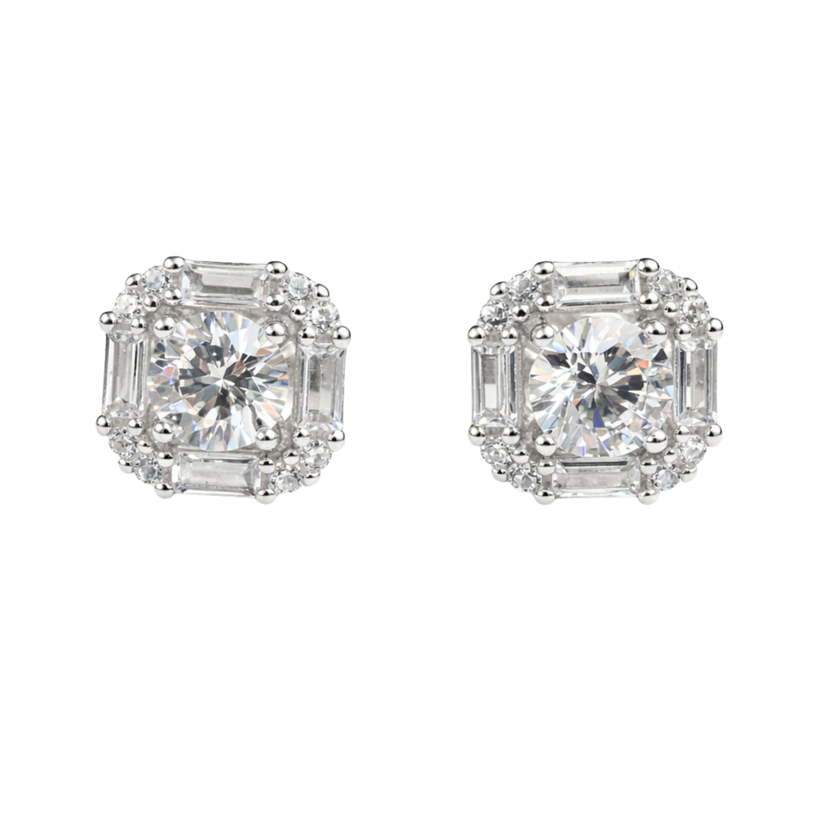 925 Sterling Silver Cushion-Cut Halo Stud Earrings with Baguette Accents