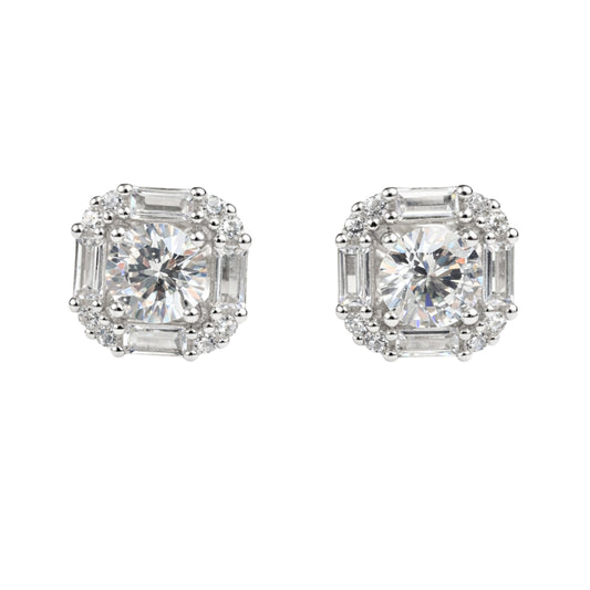 925 Sterling Silver Cushion-Cut Halo Stud Earrings with Baguette Accents