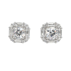 925 Sterling Silver Cushion-Cut Halo Stud Earrings with Baguette Accents