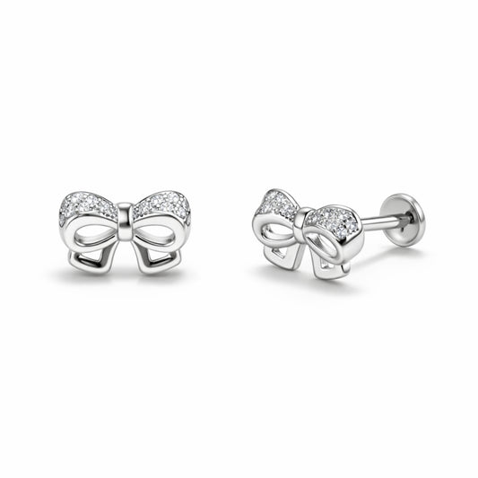 925 Sterling Silver Bow Stud Earrings with Micro Pave Stones