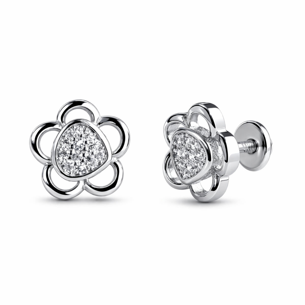 925 Sterling Silver Floral Heart Cluster Screw Stud