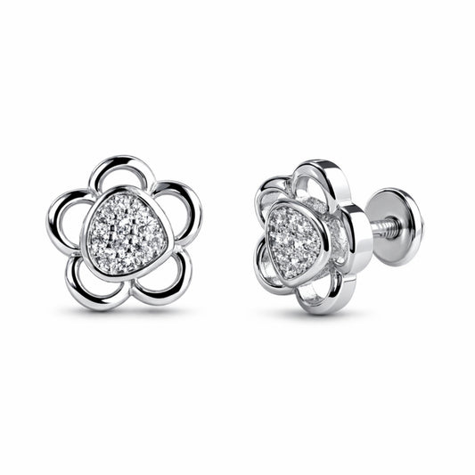 925 Sterling Silver Floral Heart Cluster Screw Stud