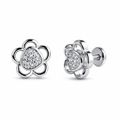 925 Sterling Silver Floral Heart Cluster Screw Stud