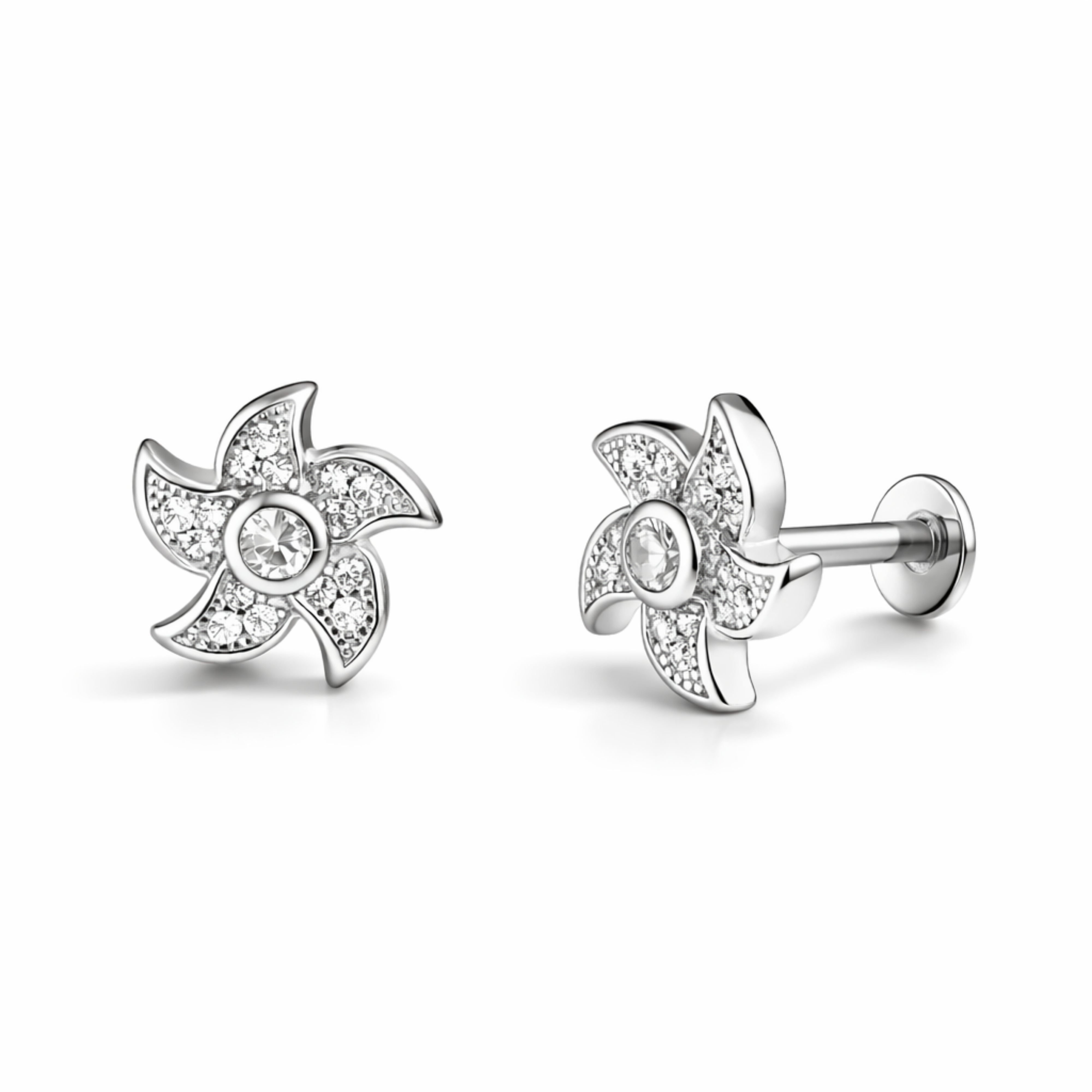 925 Sterling Silver Sparkling Pinwheel Floral Screw Stud