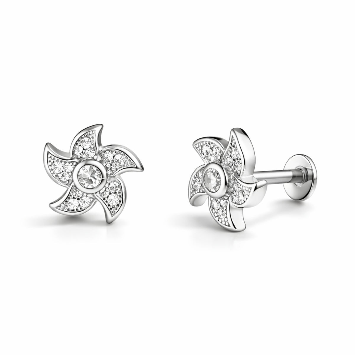 925 Sterling Silver Sparkling Pinwheel Floral Screw Stud