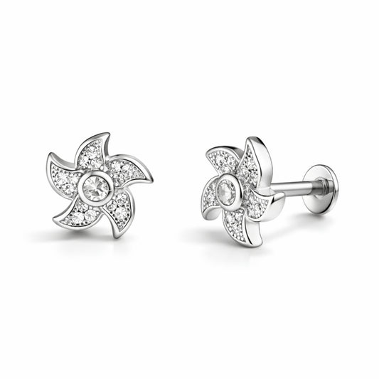 925 Sterling Silver Sparkling Pinwheel Floral Screw Stud