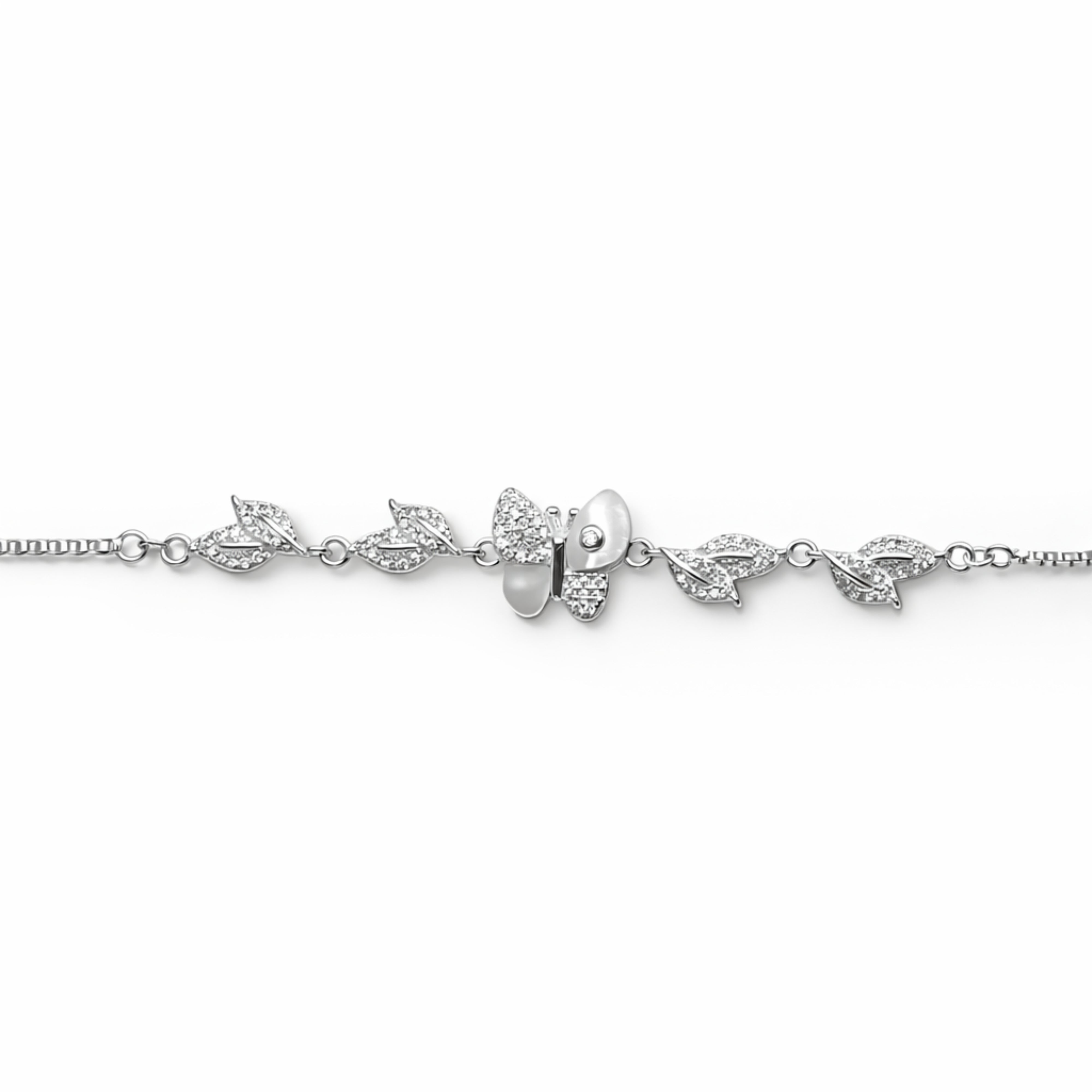 925 Sterling Silver Leaf Design Butterfly Crystal Bracelet