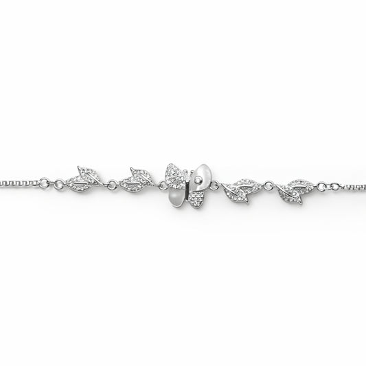 925 Sterling Silver Leaf Design Butterfly Crystal Bracelet