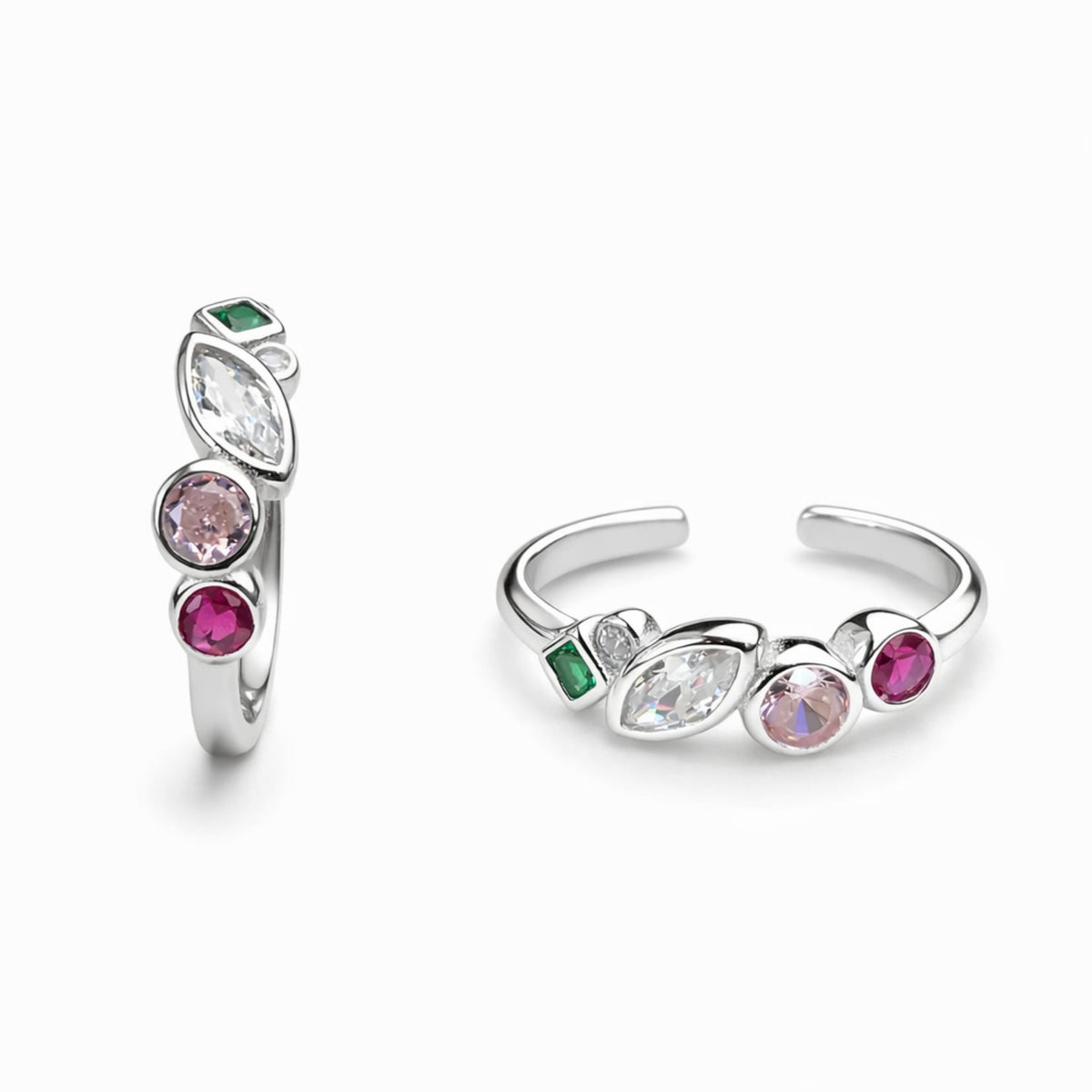 925 Sterling Silver Multicolor Crystal Adjustable Ring