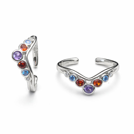 925 Sterling Silver V Shape Multicolor Crystal Adjustable Ring