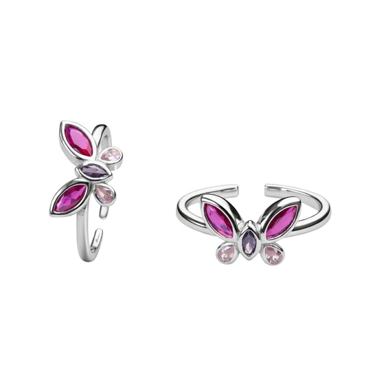 925 Sterling Silver Pink Butterfly Crystal Adjustable Ring