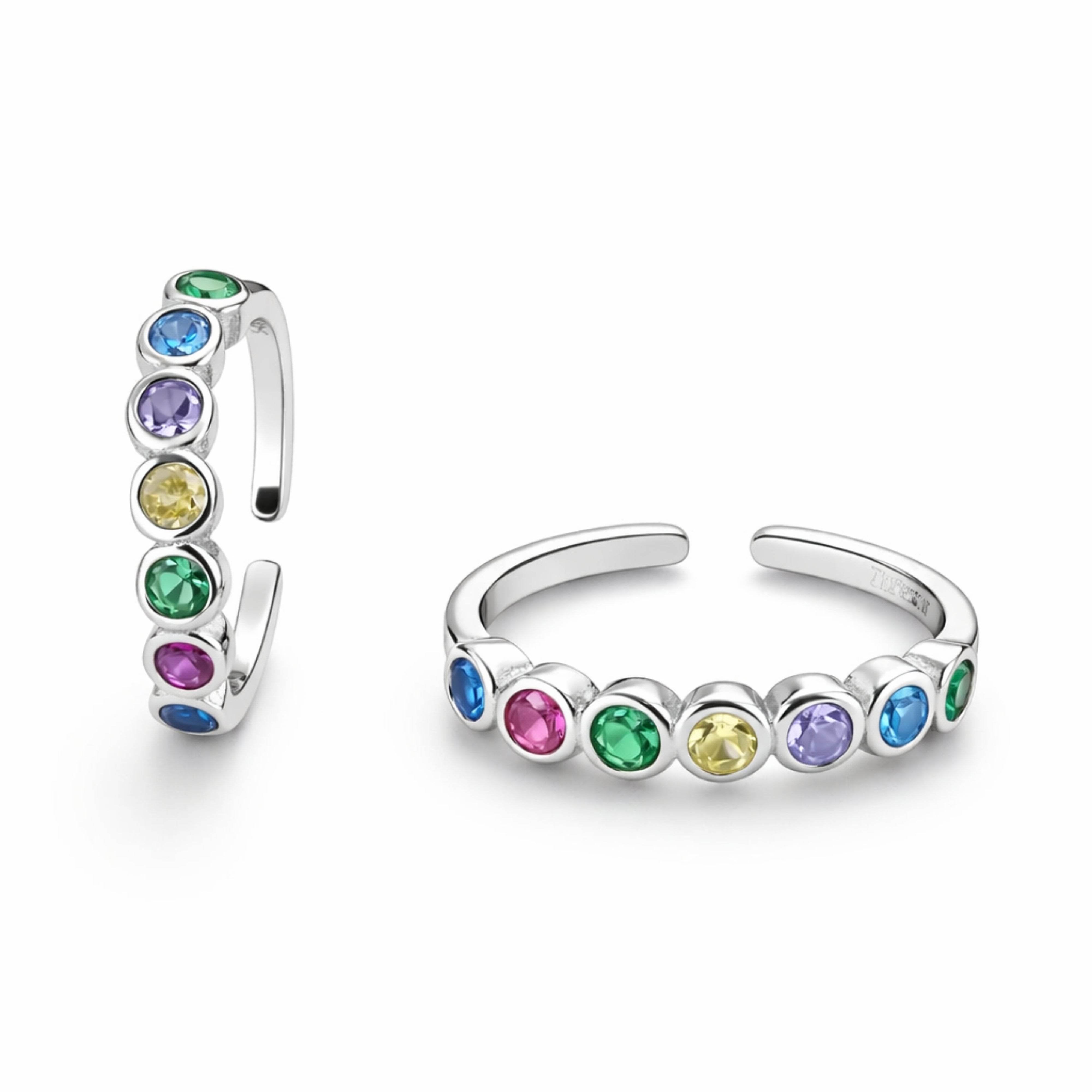 925 Sterling Silver Rainbow Multicolor Crystal Adjustable Ring