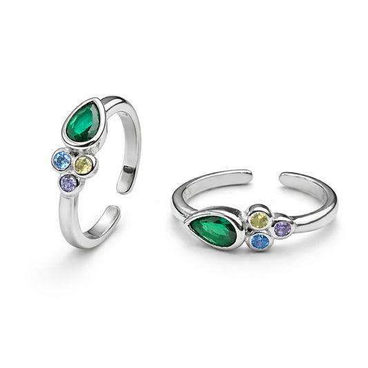 925 Sterling Silver Green Emerald Cut Multicolor Crystal Adjustable Ring