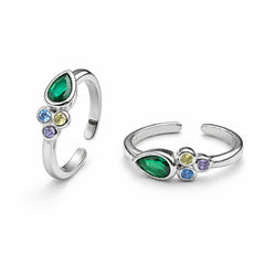 925 Sterling Silver Green Emerald Cut Multicolor Crystal Adjustable Ring