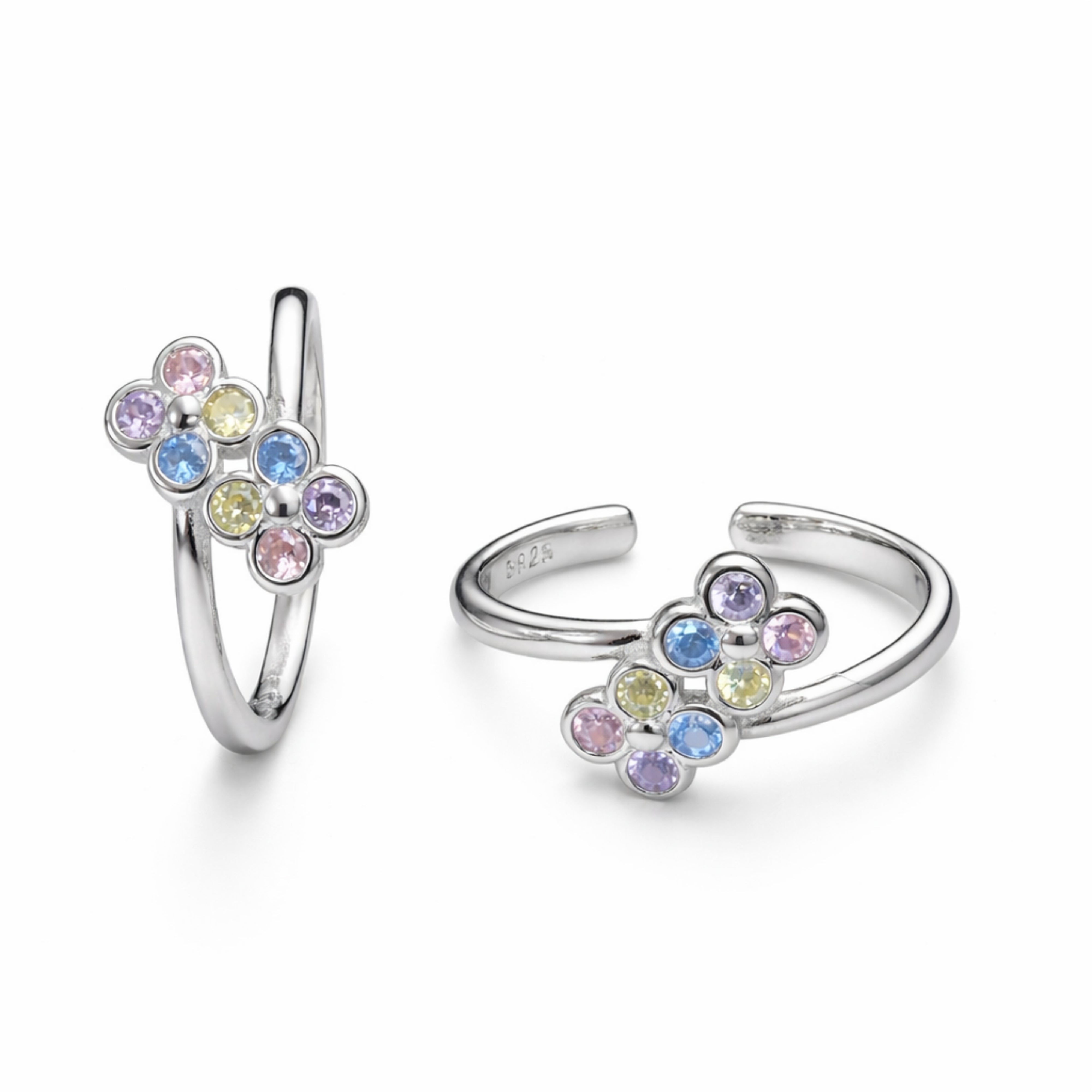 925 Sterling Silver Pastel Flower Multicolor Crystal Adjustable Ring