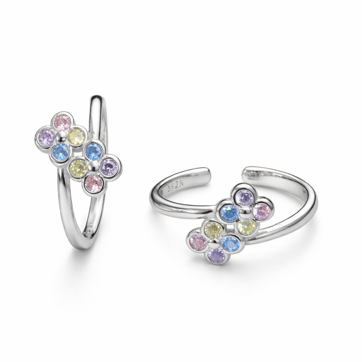 925 Sterling Silver Pastel Flower Multicolor Crystal Adjustable Ring