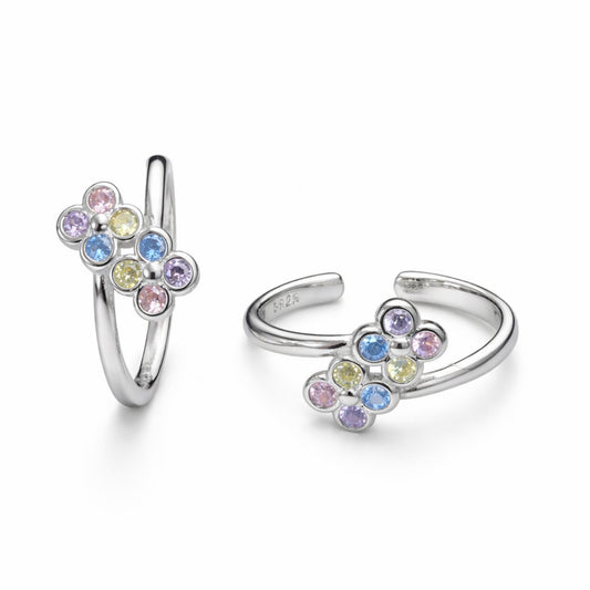 925 Sterling Silver Pastel Flower Multicolor Crystal Adjustable Ring