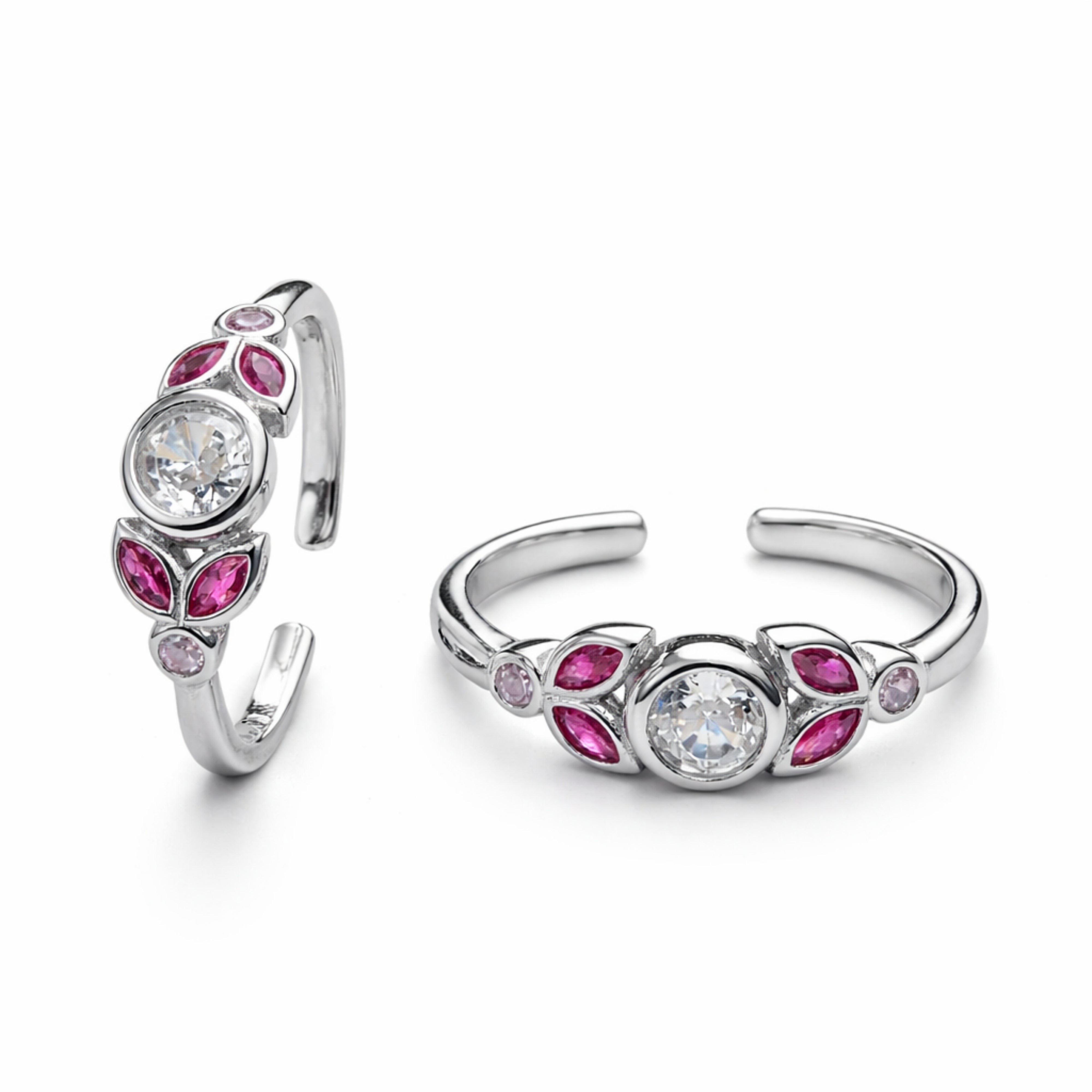 925 Sterling Silver Crystal Center Ruby Design Adjustable Ring
