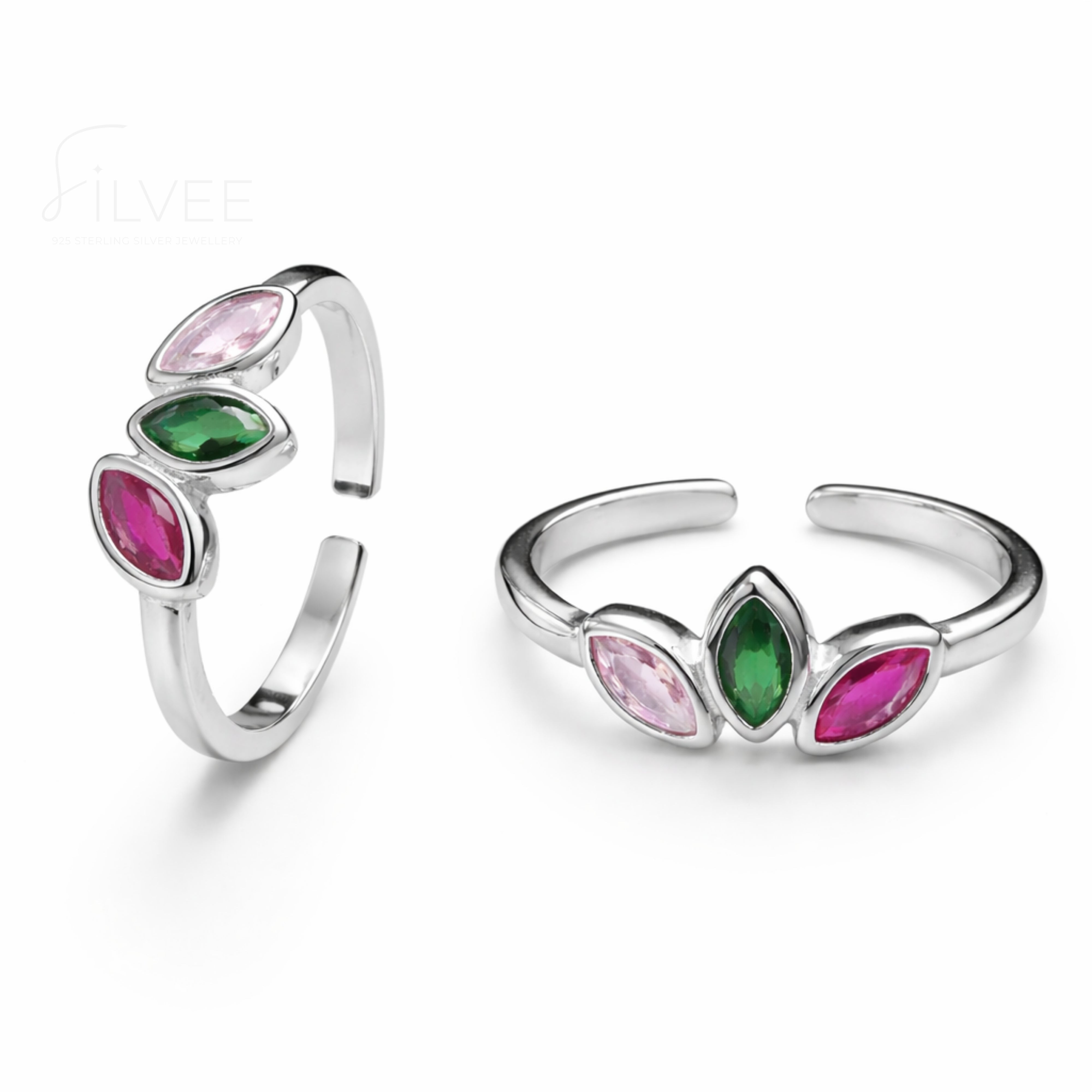 925 Sterling Silver Three Color Stone Adjustable Ring