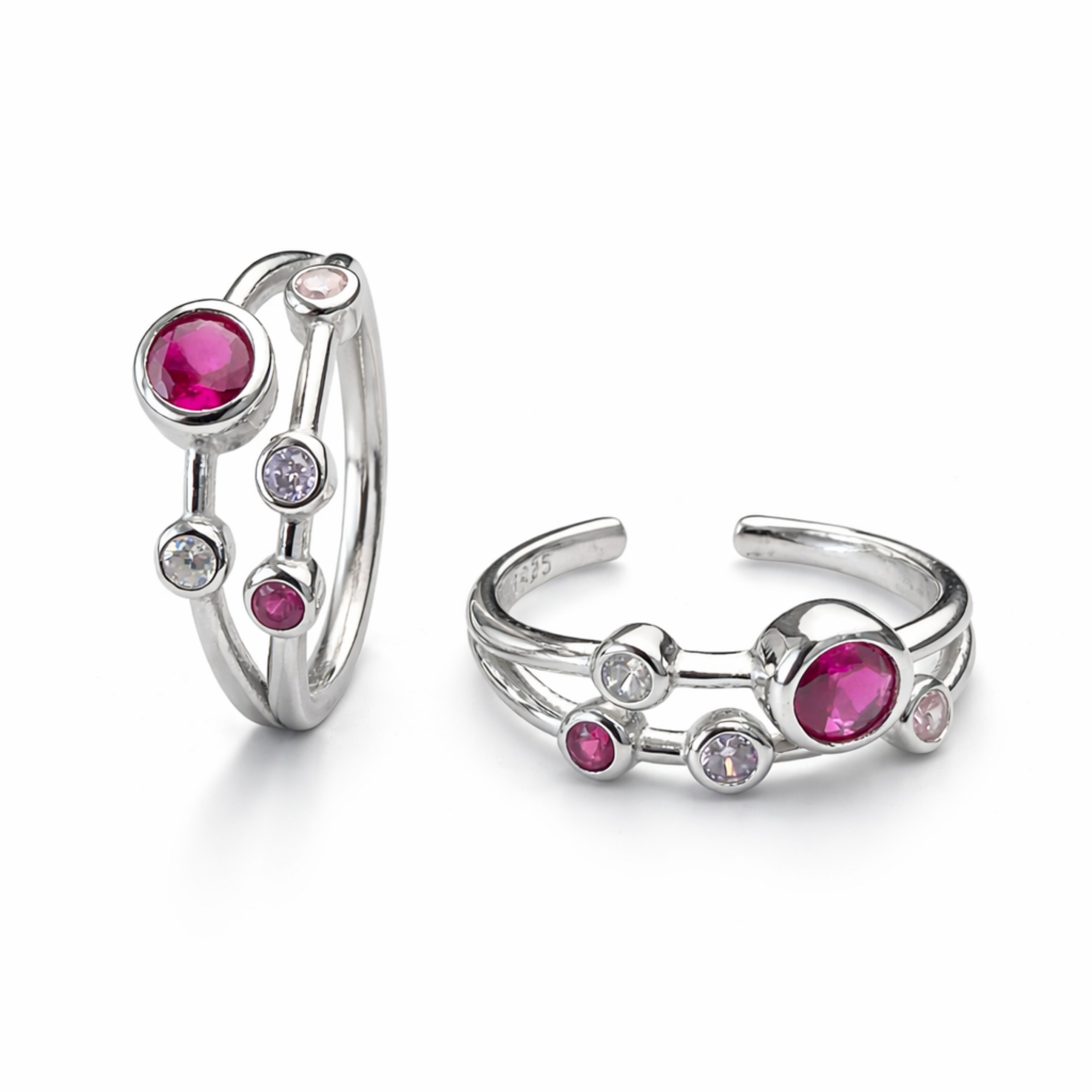 925 Sterling Silver Pink Stone Multi Crystal Adjustable Ring