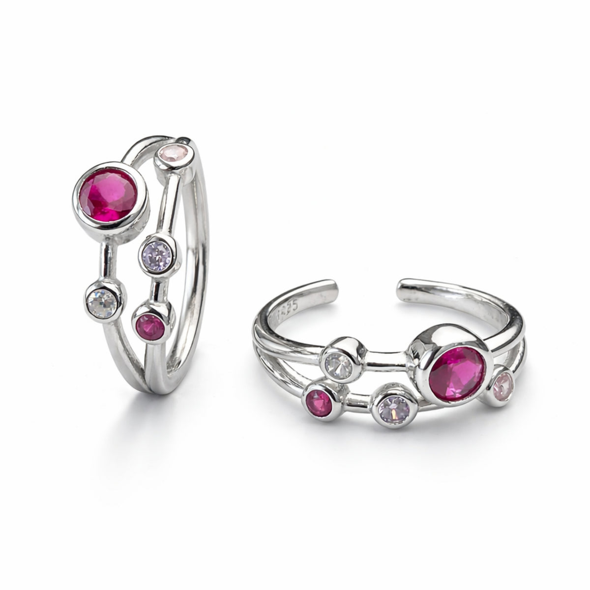 925 Sterling Silver Pink Stone Multi Crystal Adjustable Ring