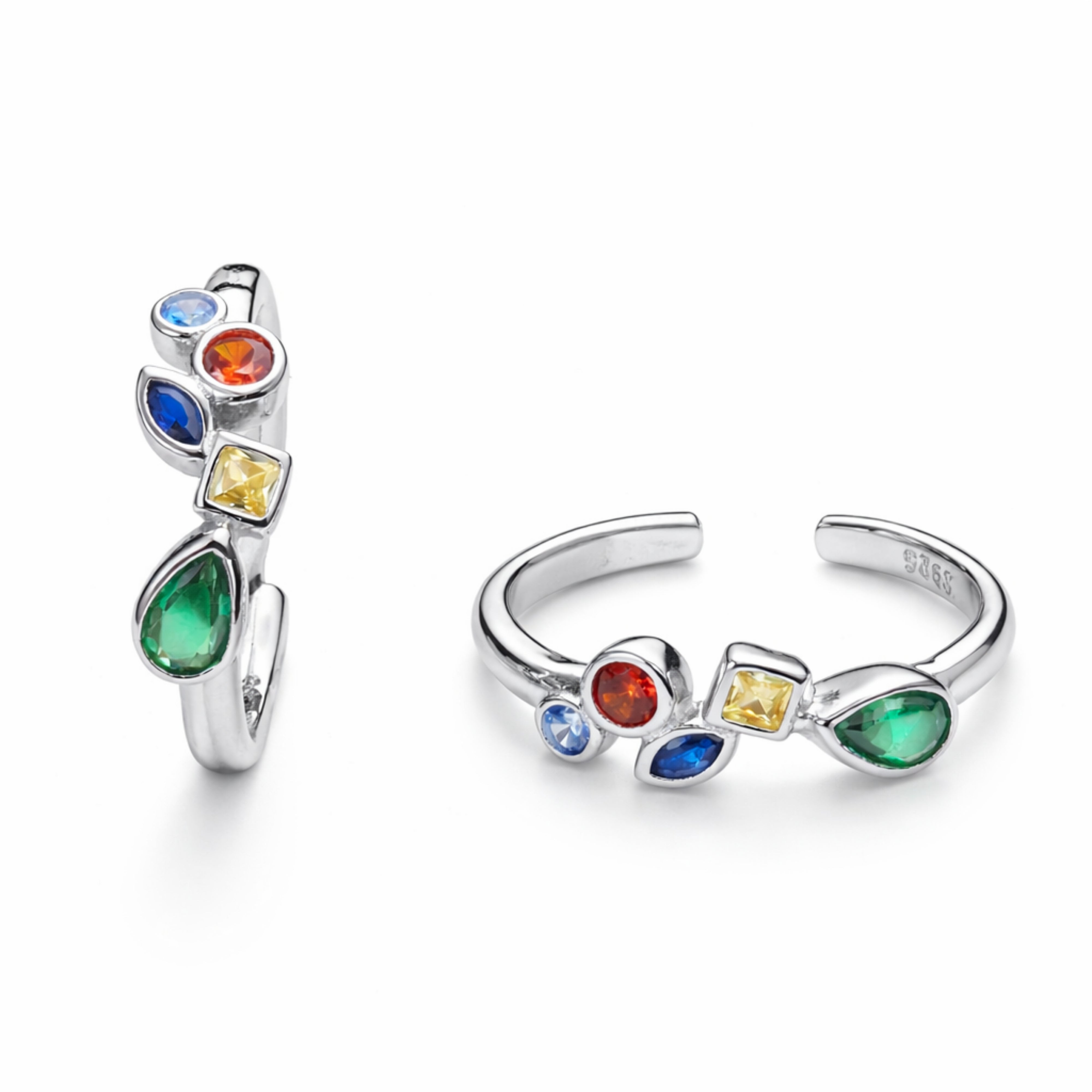 925 Sterling Silver Multi Color Multi Shape Stone Adjustable Ring