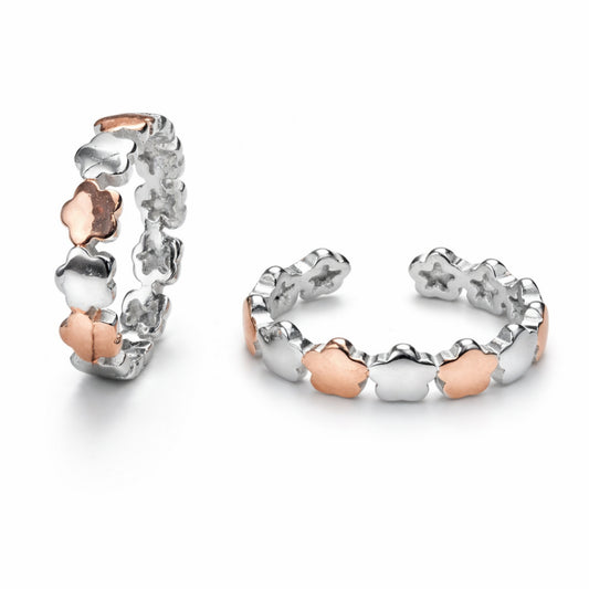 925 Sterling Silver Dual Tone Clover Flower Design Adjustable Ring