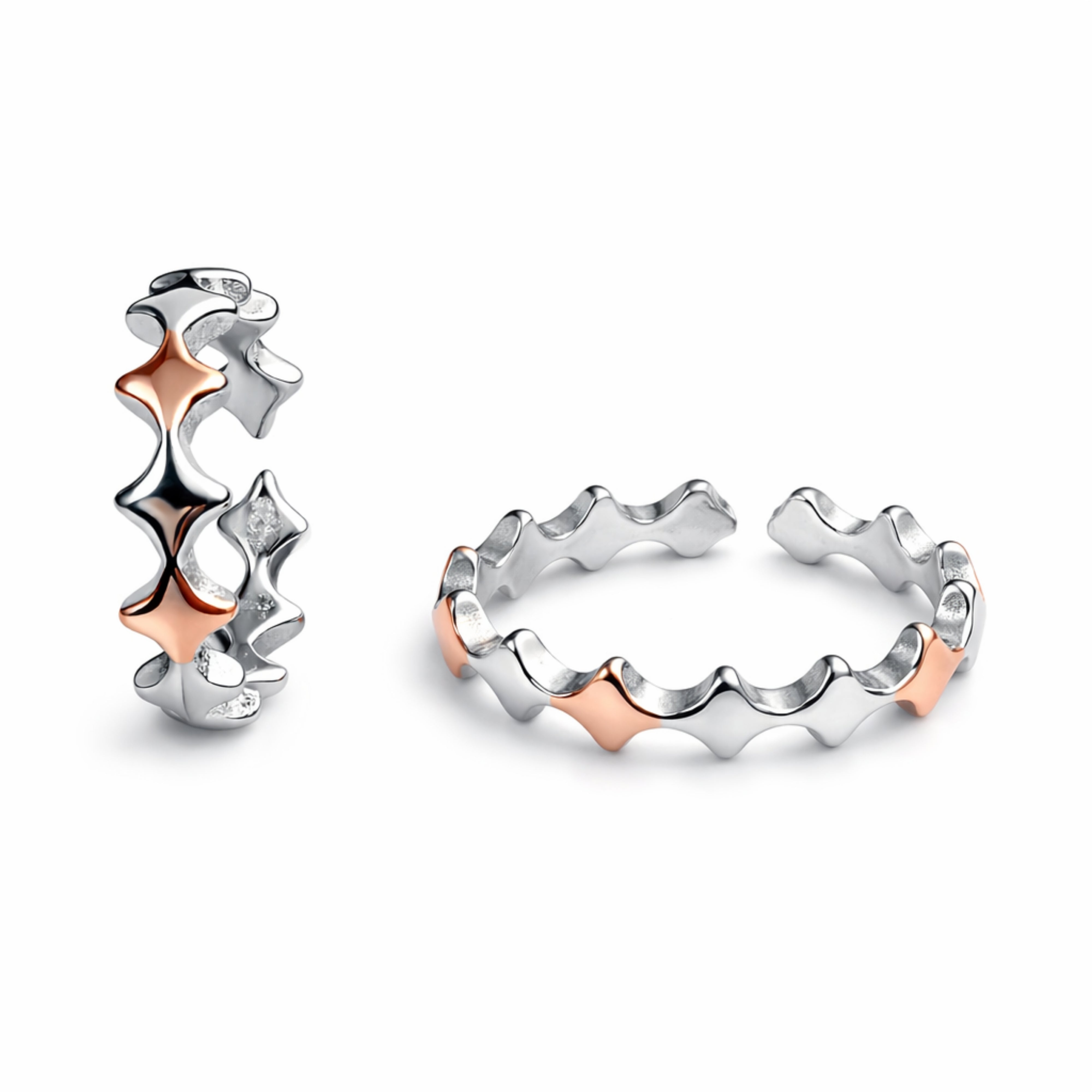 925 Sterling Silver Dual Tone Star Wave Design Adjustable Ring