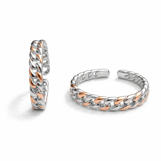 925 Sterling Silver Dual Tone Chain Link Design Adjustable Ring