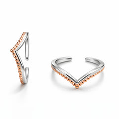 925 Sterling Silver Dual Tone Beaded V Shape Adjustable Ring