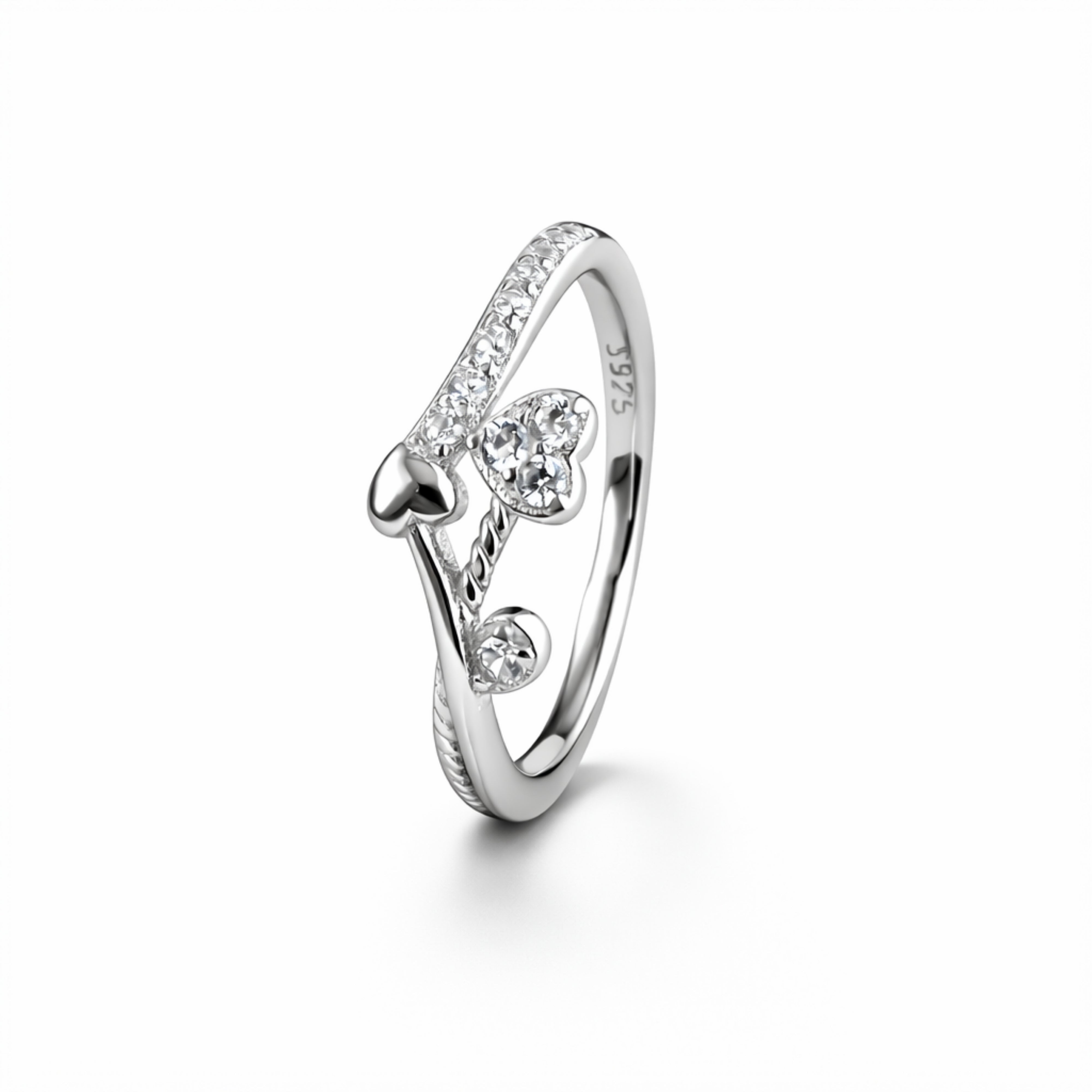 925 Sterling Silver Heart Vine Crystal Ring