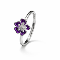 925 Sterling Silver Purple Enamel Flower Ring with Crystal Center