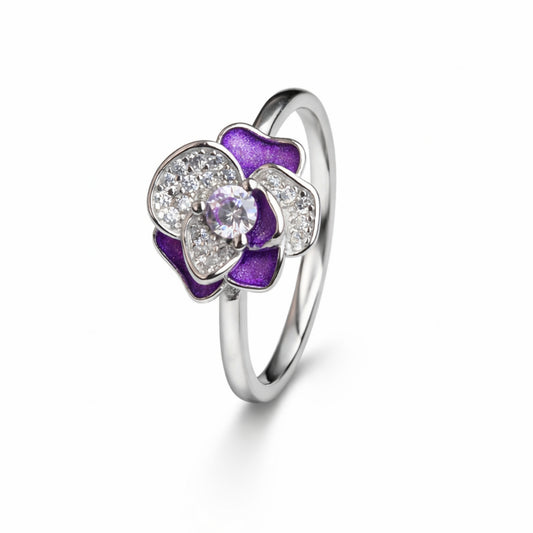 925 Sterling Silver Purple Floral Crystal Ring | Elegant Floral Design