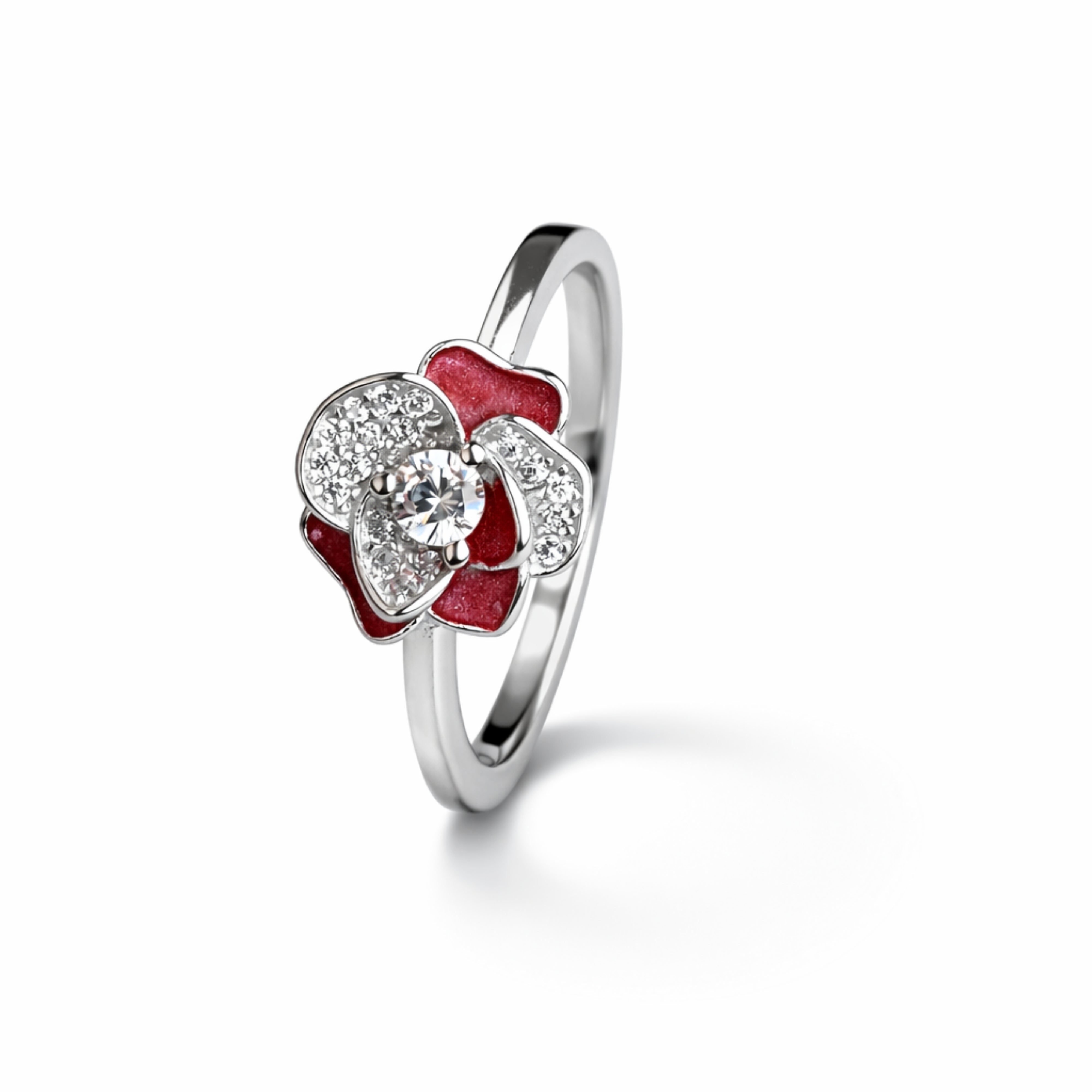 925 Sterling Silver Red Floral Crystal Ring