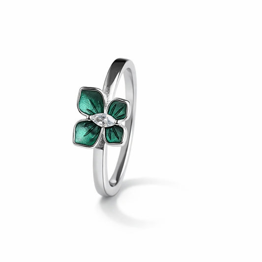 925 Sterling Silver Green Floral Crystal Ring