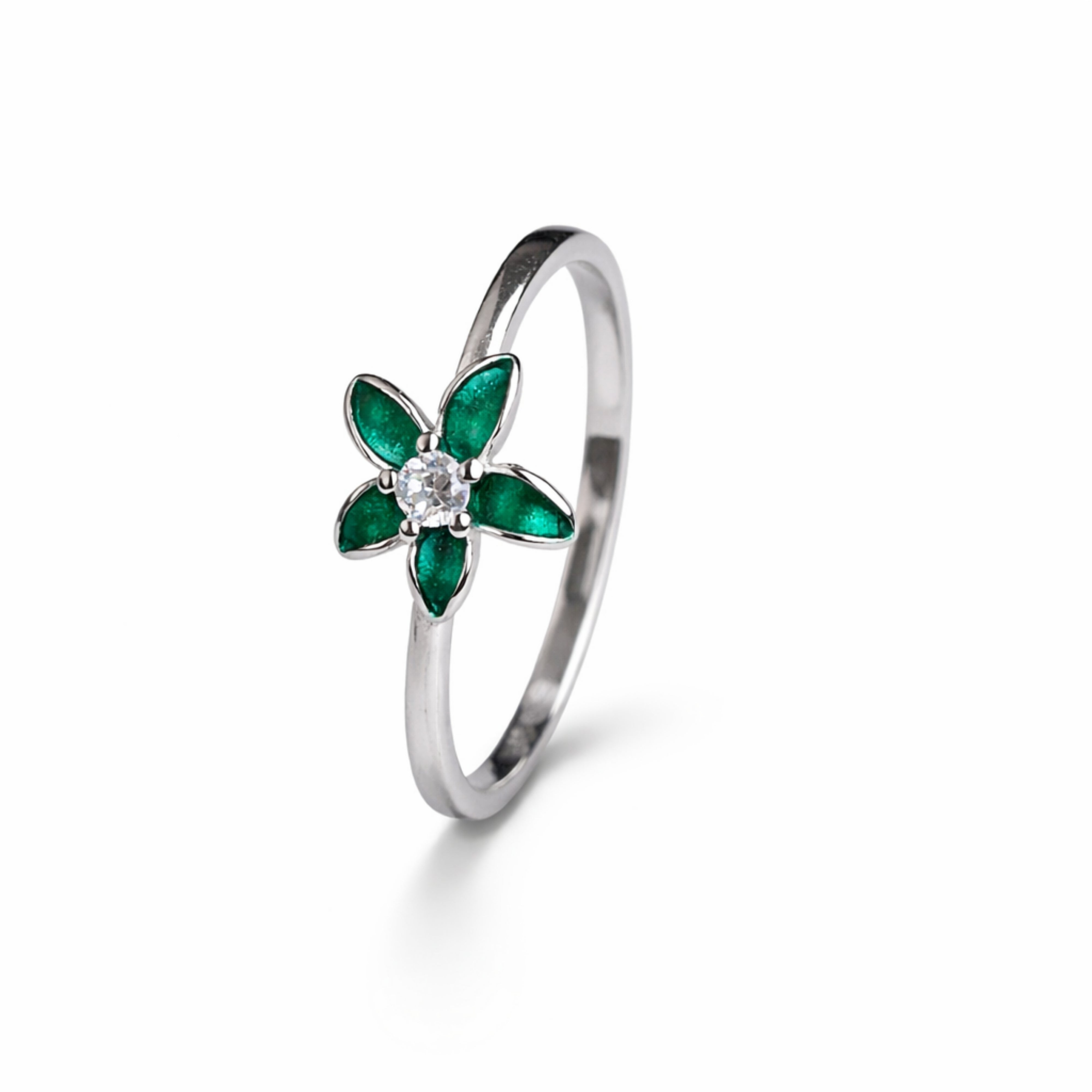 925 Sterling Silver Green Petal Crystal Ring