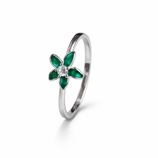 925 Sterling Silver Green Petal Crystal Ring