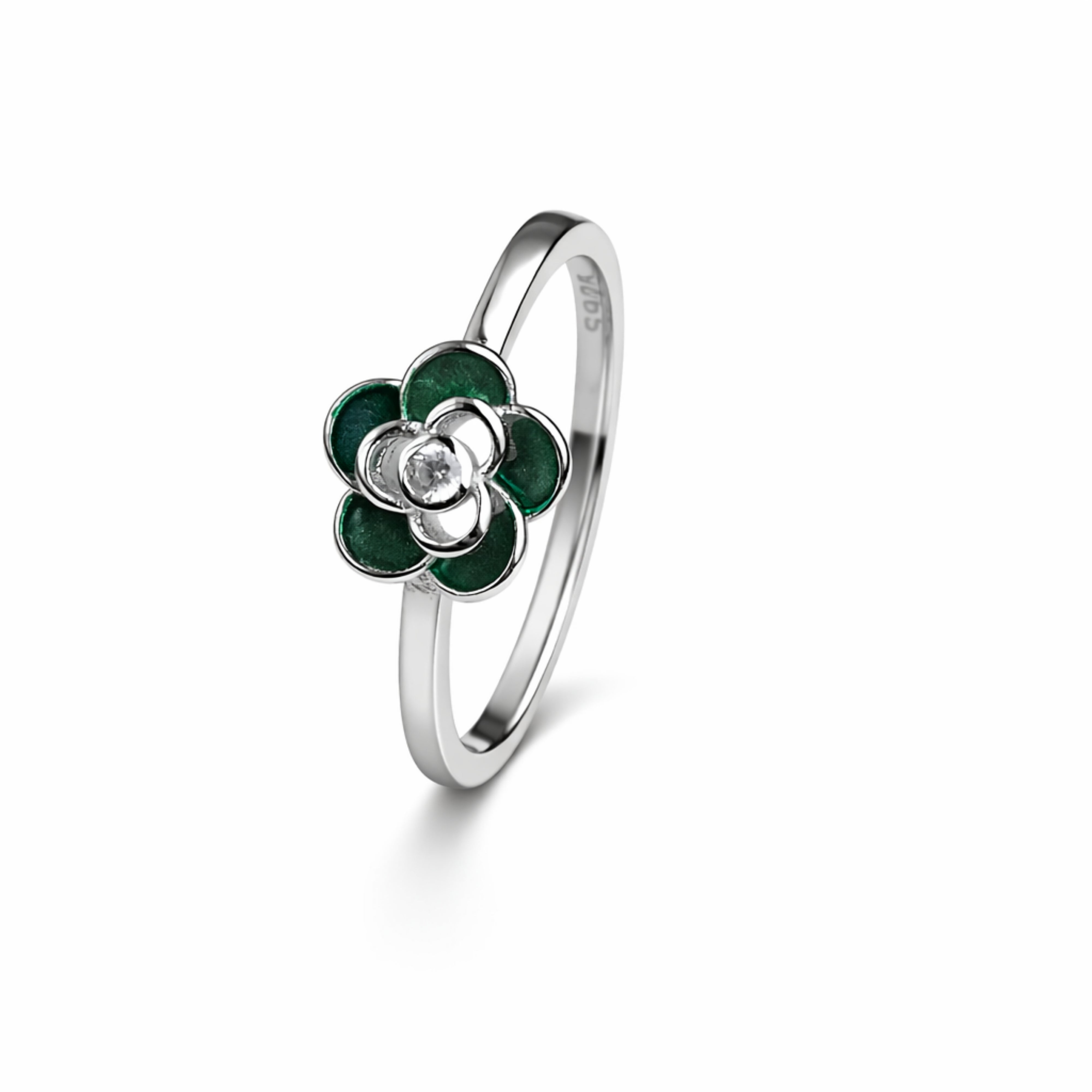 925 Sterling Silver Green Layered Floral Crystal Ring