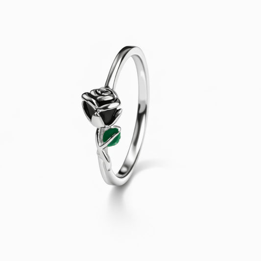 925 Sterling Silver Black Rose Enamel Ring