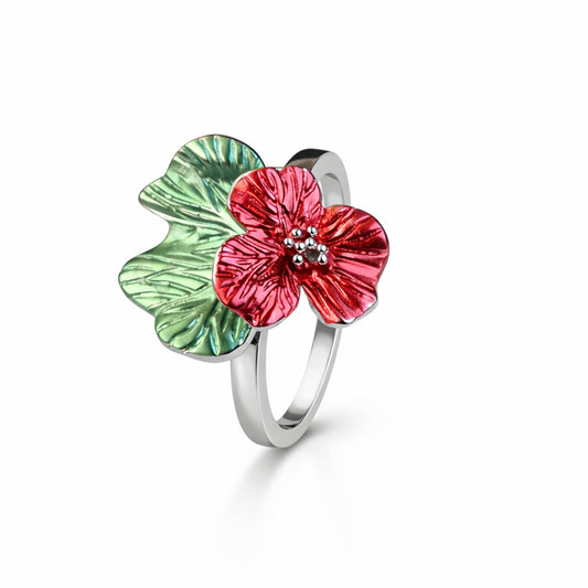 925 Sterling Silver Red Flower & Green Leaf Enamel Ring