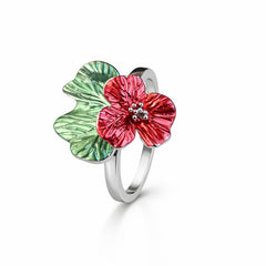 925 Sterling Silver Red Flower & Green Leaf Enamel Ring